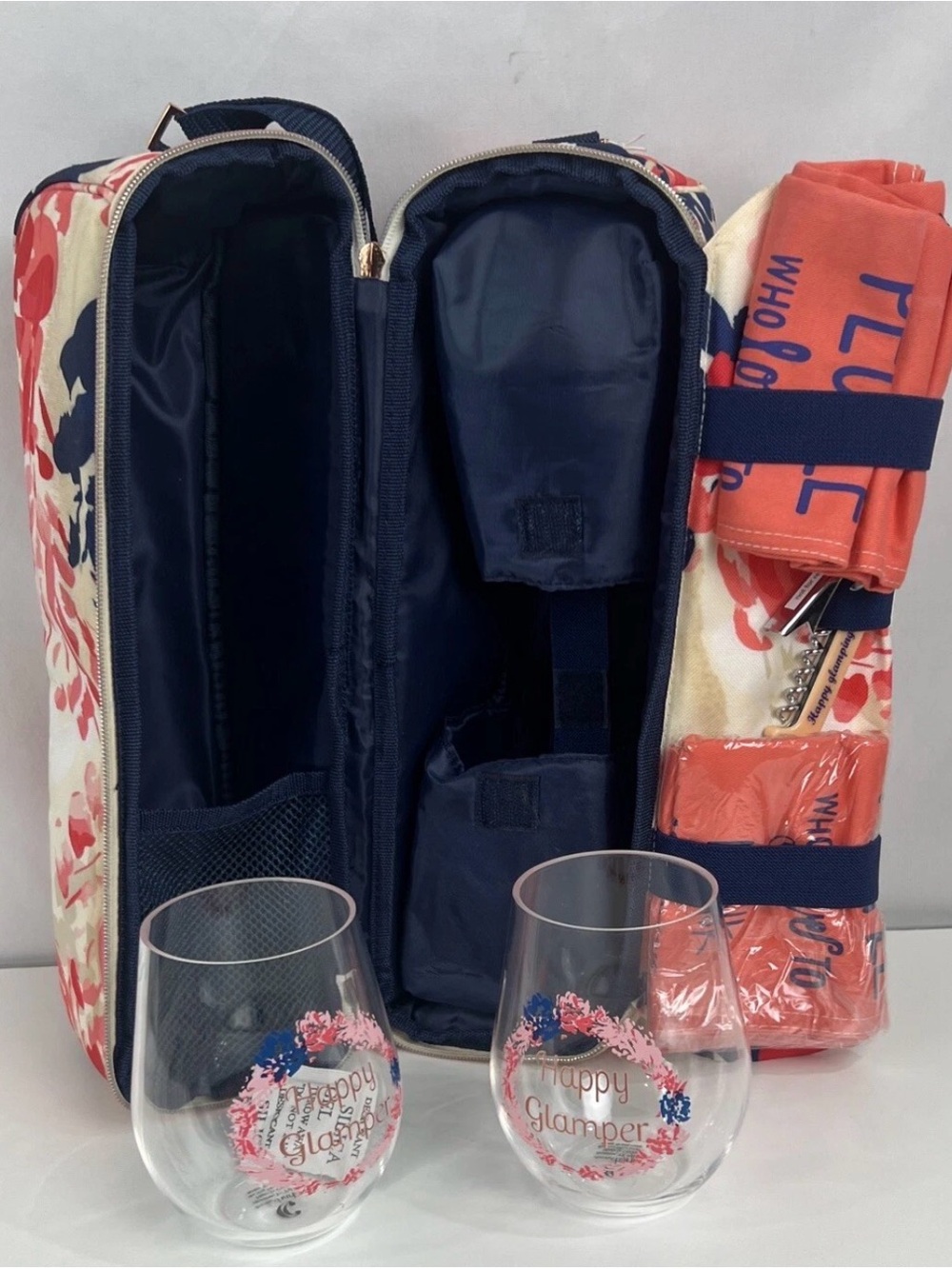 Charlie Happy Glamper camping wine picnic travel bag floral 2 glasses, napkins